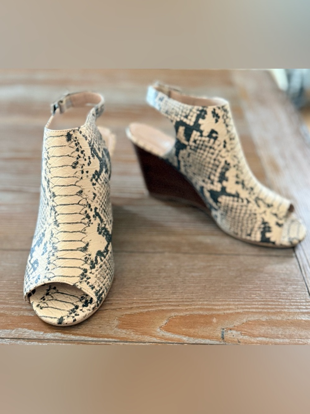 Charles by Charles David Beige and Black Snake-Print Wedge Peep-Toe Sandals